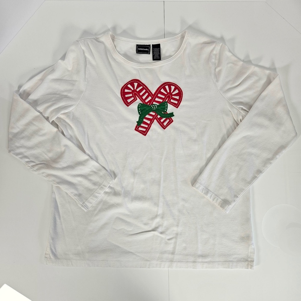 Bobbie Brooks Christmas Candy Cane Embroidered Long Sleeve Top White Large 14/16